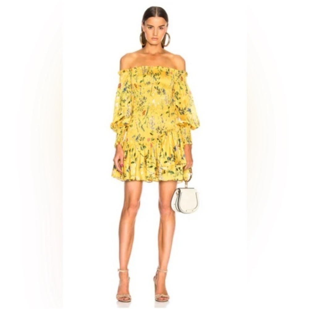NWT ALEXIS Gemina Off-the-Shoulder Dress Yellow Floral Print Satin Smocked Large - Picture 2 of 4